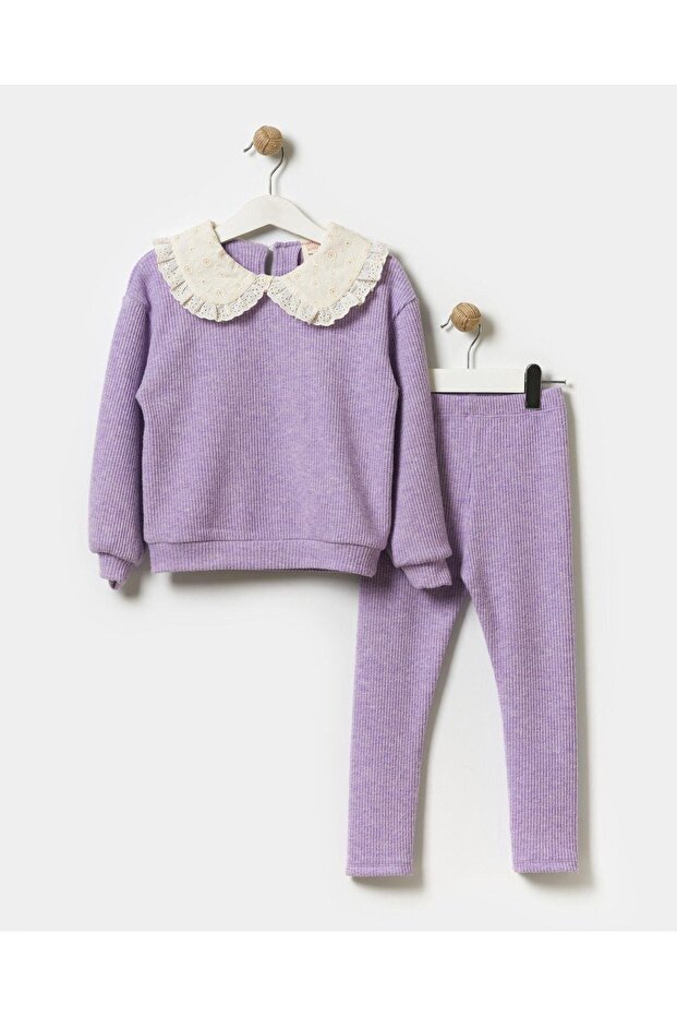 Girl's Purple Baby Collar Cotton Sweatshirt Tights Top and Bottom Set