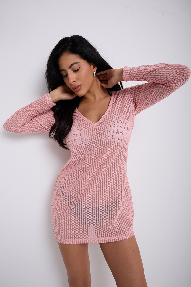 V Yaka Mini Elbise - 7