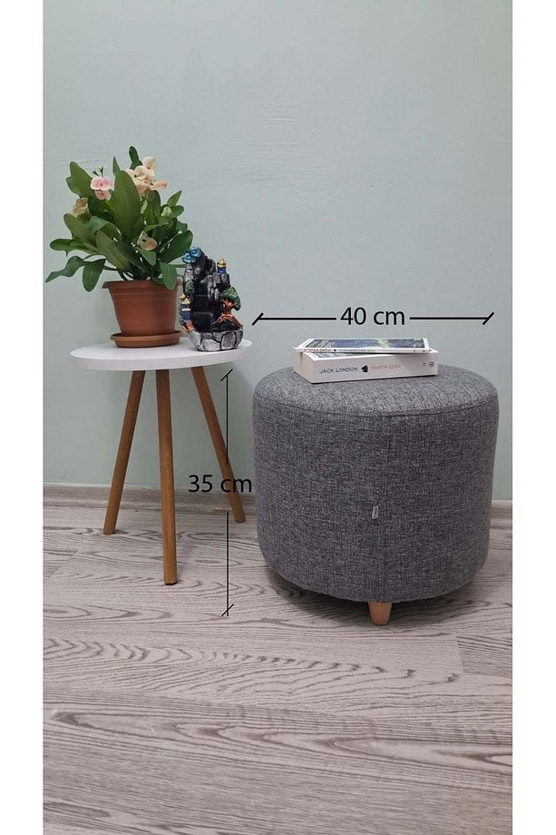 Ahşap Ayaklı Keten Gri Yuvarlak Puf&bench Koltuk/tabure - 2