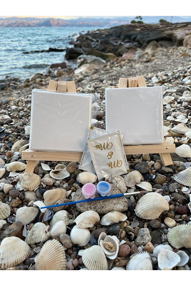 2 adet mini 10x10cm mini tuval+2 adet şövale 3 farklı renk ve 1 adet fırça sevgiliye hediye tuval - 3
