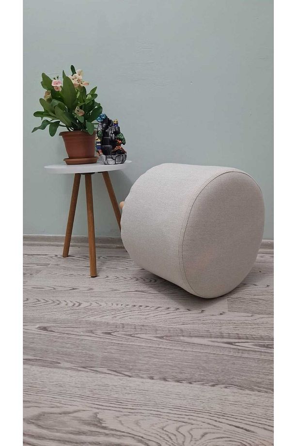 Ahşap Ayaklı Keten Krem Kumaş Yuvarlak Puf&bench Koltuk/tabure - 4