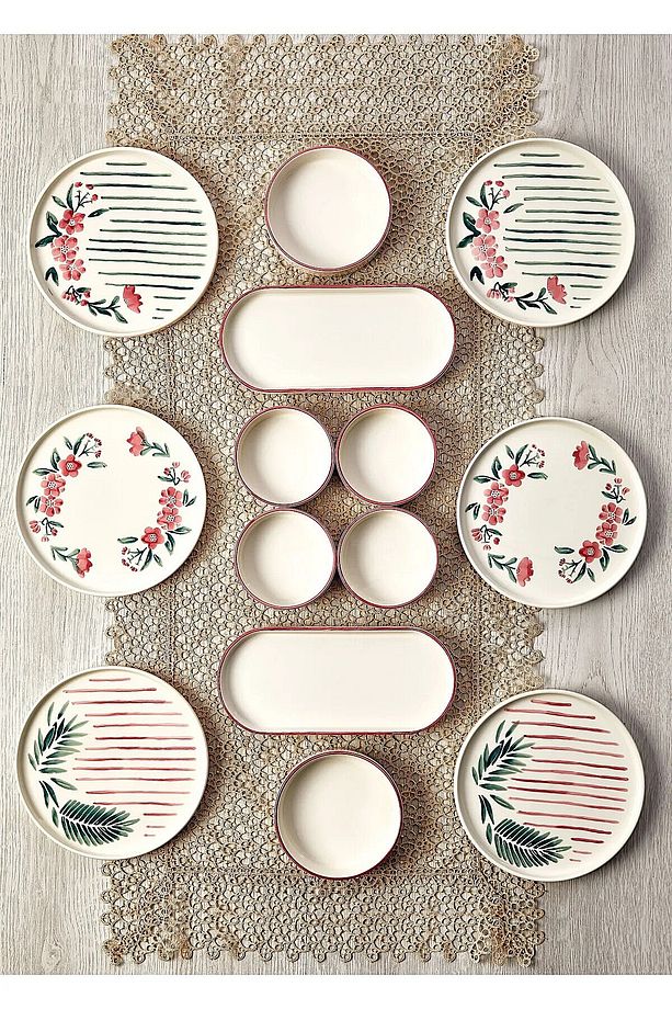 14 Parça 6 Kişilik Sakura Stackable Kahvaltı Takımı - Lüx Kahvaltılık Sunum Seti Tabağı - 1