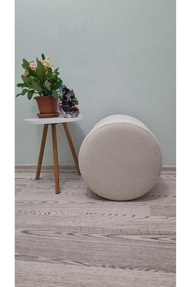 Ahşap Ayaklı Keten Krem Kumaş Yuvarlak Puf&bench Koltuk/tabure - 3