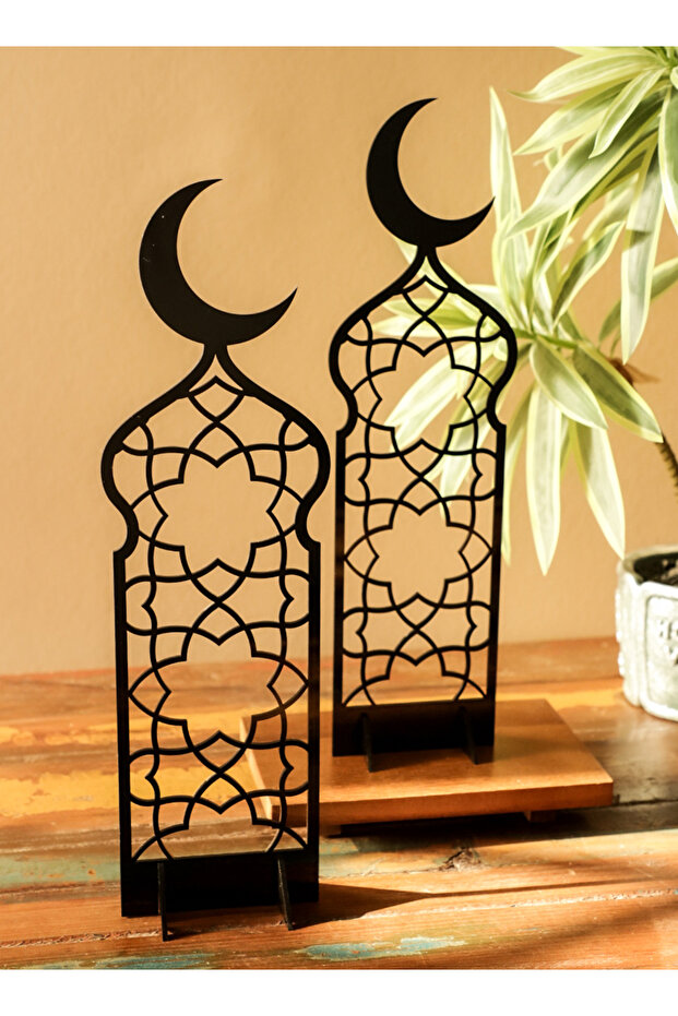 Set of 2 Acrylic Decor Stands in Ramadan Crescent Shape with Islamic Pattern - 3