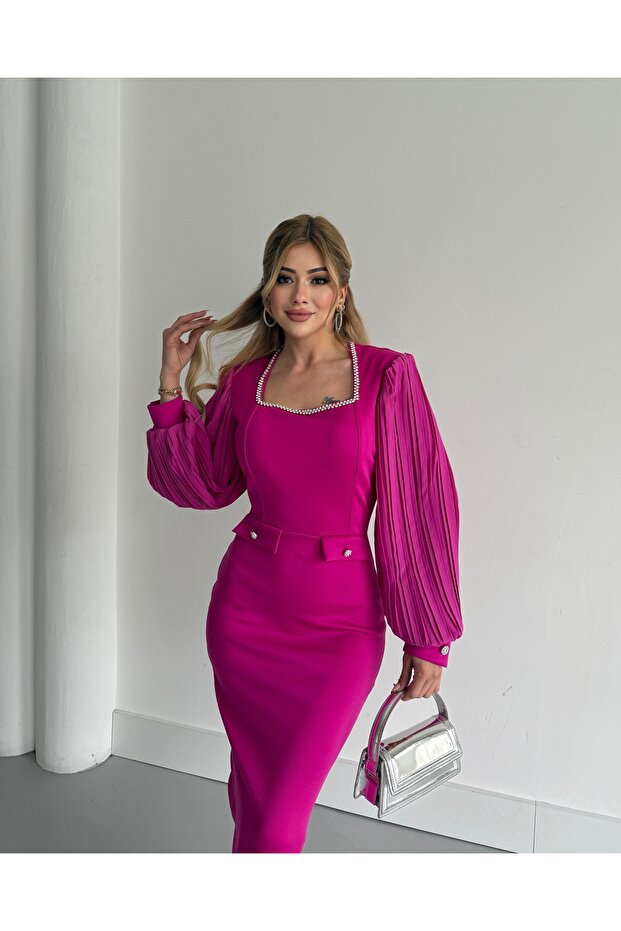 Women's Imported Scuba Fabric Collar Stone Embroidered Sleeves Pleated Sleeve Button Detailed Lined Design Dress