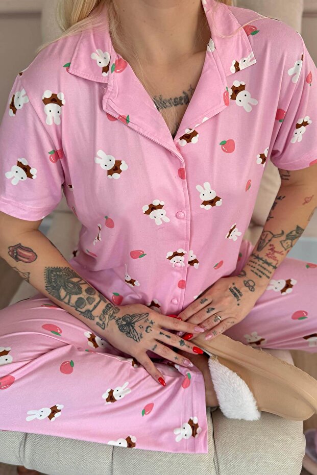 Light Pink Rabbit Patterned Bamboo Front Buttoned Short Sleeve Pajama Set - 5