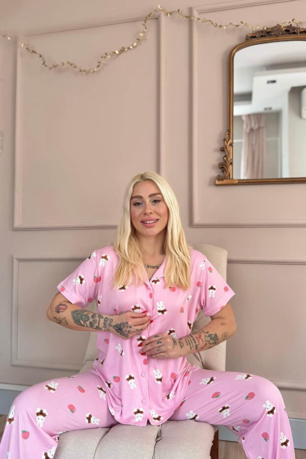 Light Pink Rabbit Patterned Bamboo Front Buttoned Short Sleeve Pajama Set - 3
