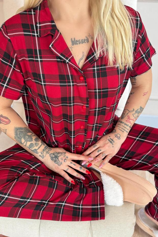 Red Striped Patterned Bamboo Front Buttoned Short Sleeve Pajama Set - 5