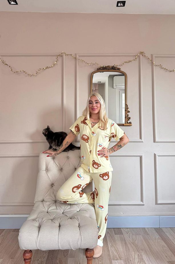 Sarı Teddy Dreams Desenli Bambu Önden Düğmeli Kısa Kol Pijama Takımı - 7