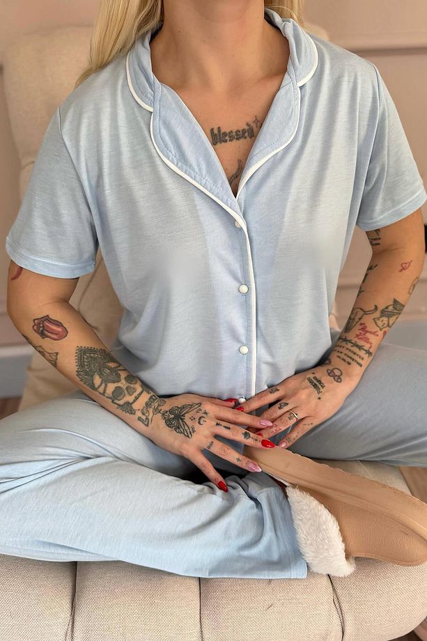 Mavi Sofistic Önden Düğmeli Kısa Kol Kadın Pijama Takımı - 6