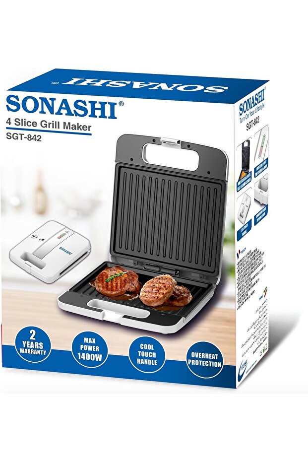 SGT-842 4-Slice Grill Maker, White, Non-Stick Plate, Light Indicator, Handle Locking System - 7