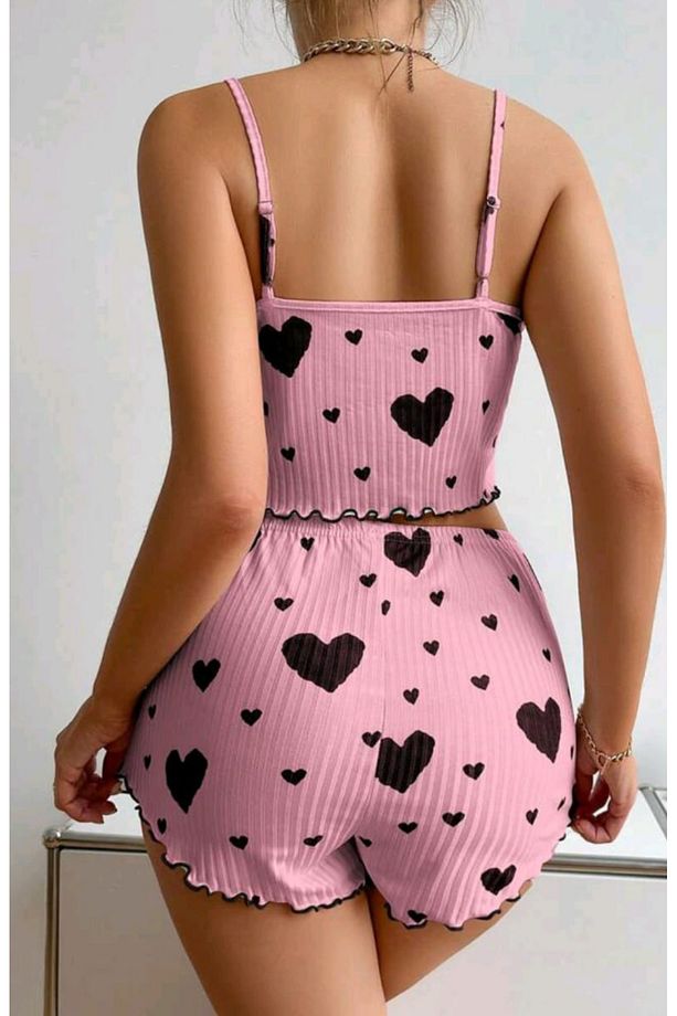 kalp desenli atlet ve şort pijama takımı fuşya takım - 3