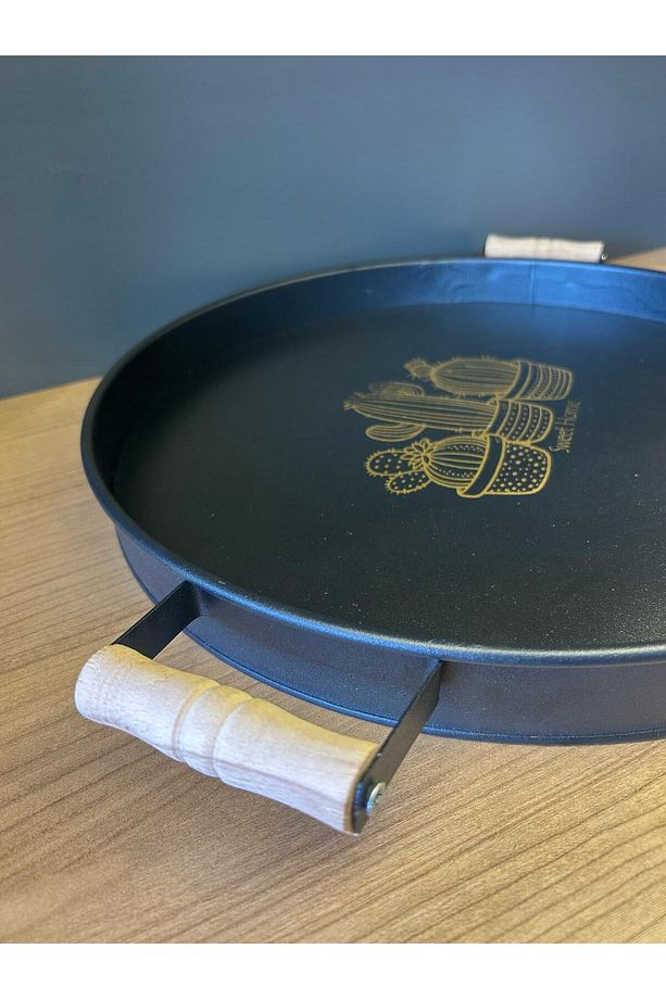 2'Li Ahşap Saplı Siyah Metal Yuvarlak Oval Tepsi Seti - Kahvaltı Sunum Tepsisi Set - 4