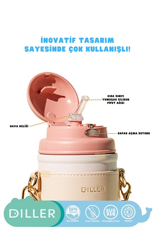 580ml Yeni Koleksiyon Moda Deri Kılıflı İnci Süslü Pipetli Askılı Paslanmaz Çelik Termos Matara - 2