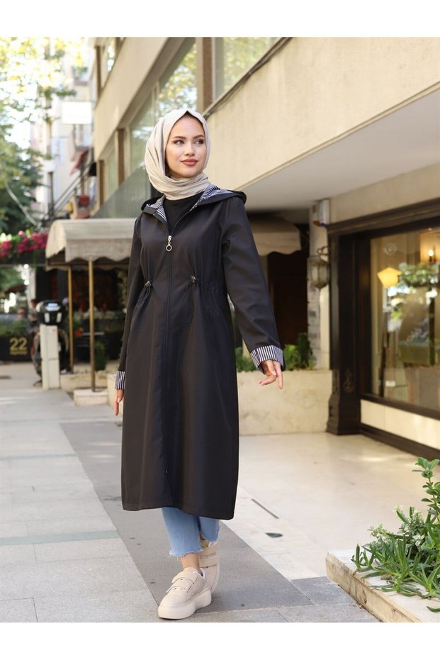 Women's Black Ankle and Striped Hooded Bondip Long Trench Coat Cap