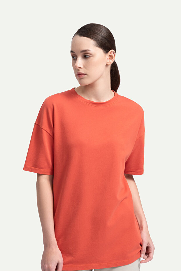 Erkek Oversize/ Relax Fit Basic T-Shirt - Coral - 5