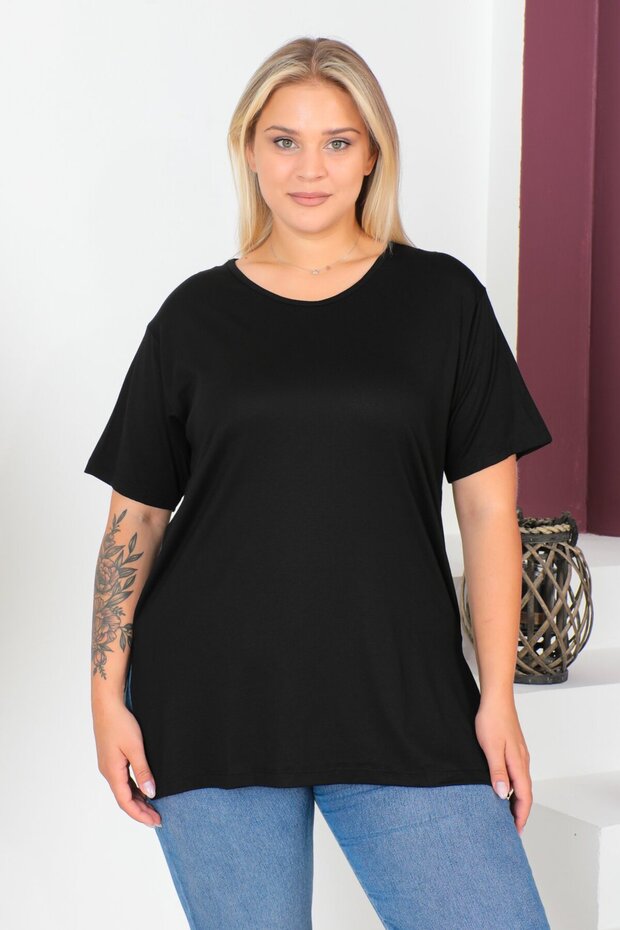 Plus Size New Season Comfort Model Crew Neck Short Sleeve Combed Cotton Slit Tunic T-Shirt