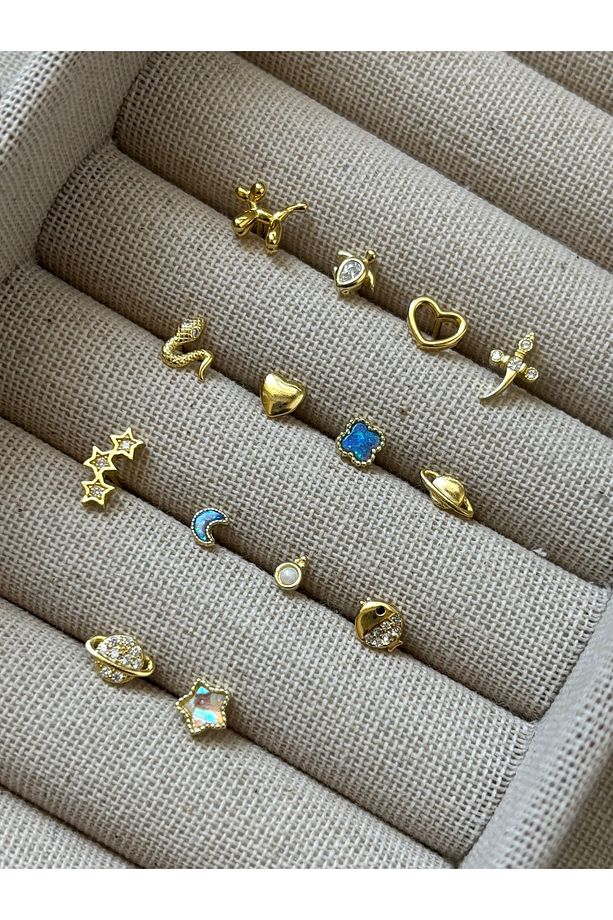 925 Gümüş Yıldız Desenli Yansımalı Arkadan Vidalı Minimal Piercing 7 mm Bar ve 5 mm Figür - 4