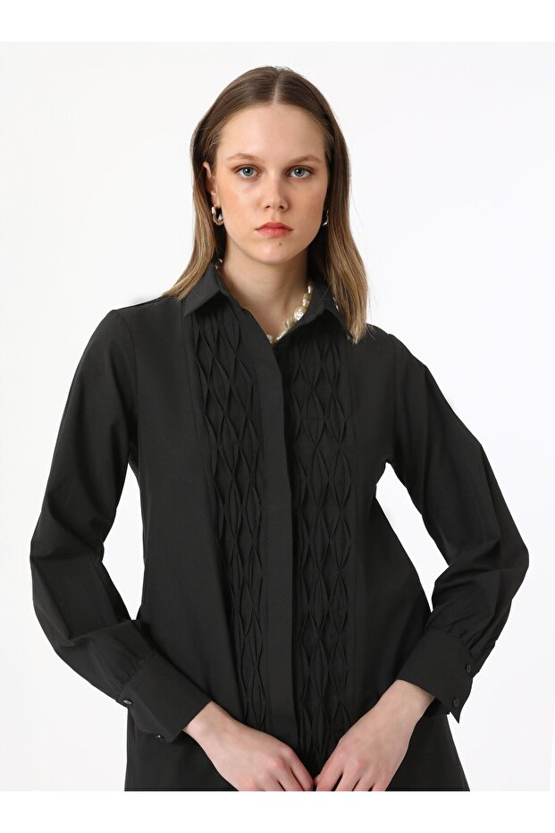 Nervür ve Yırtmaç Detaylı Poplin Tunik - Siyah - Refka - 2