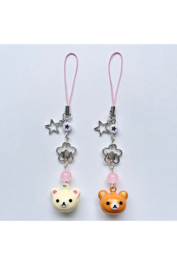 K941-set Cute Rilakkuma Bear Bell Matching Phone Charms Y2K Handmade Star Hanging Chain Kawaii Beade
