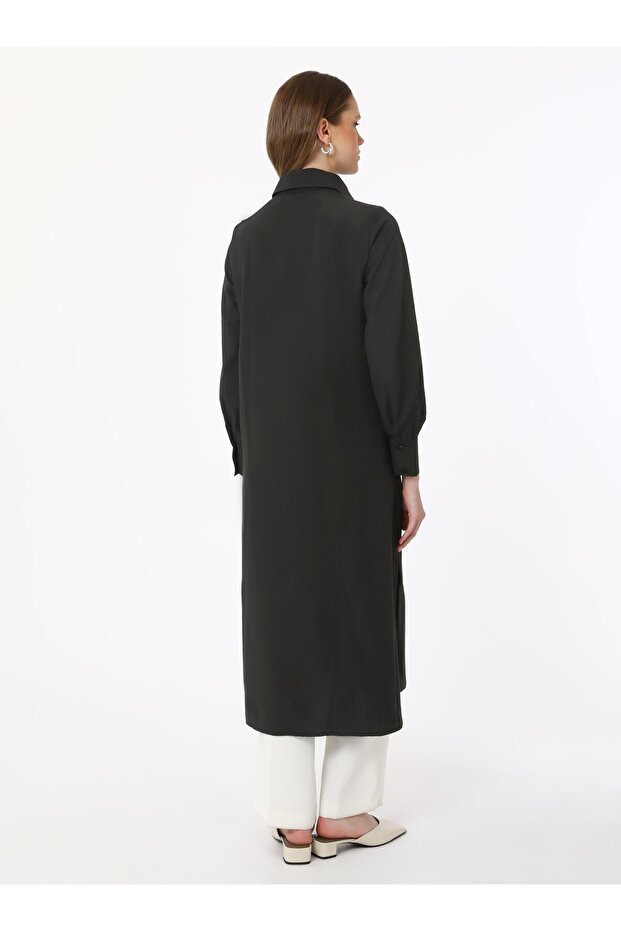 Nervür ve Yırtmaç Detaylı Poplin Tunik - Siyah - Refka - 5