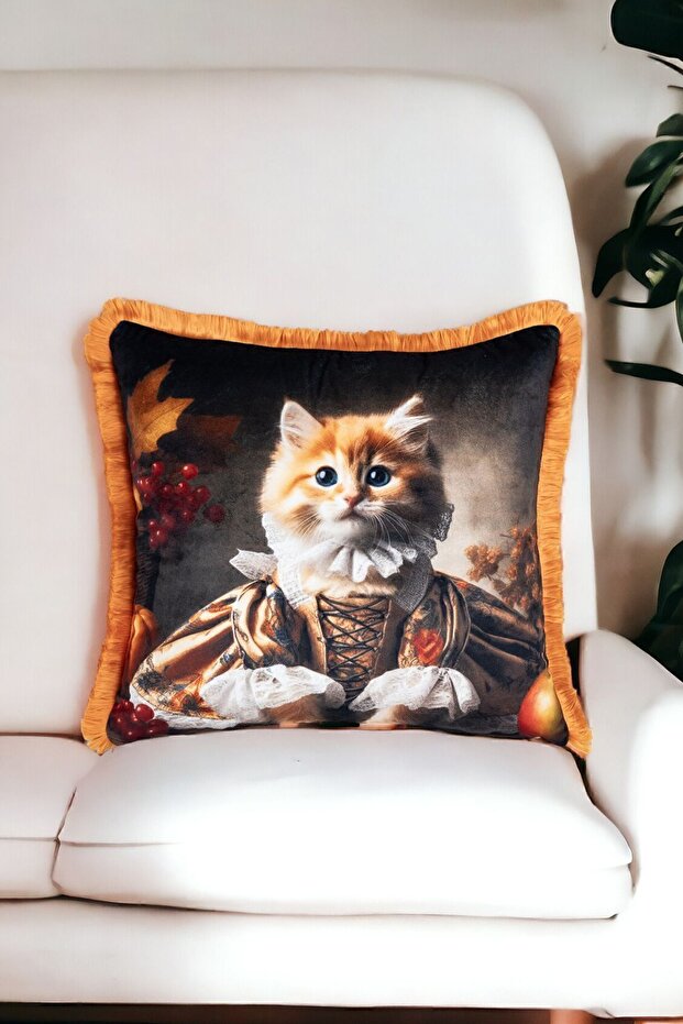 Cat Pattern Luxury Decorative Animal Figured Fringed Avant-Garde Velvet Throw Pillow Cover Artistic Design