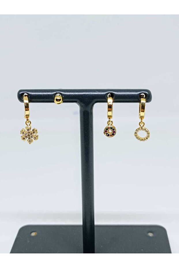 Gold Color Zircon Stone 4-Piece Hoop Earring Set, Snowflake, Medallion No 12