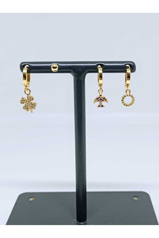 Gold Color Zircon Stone 4-Piece Hoop Earring Set, Clover, Mushroom, Medallion No 6