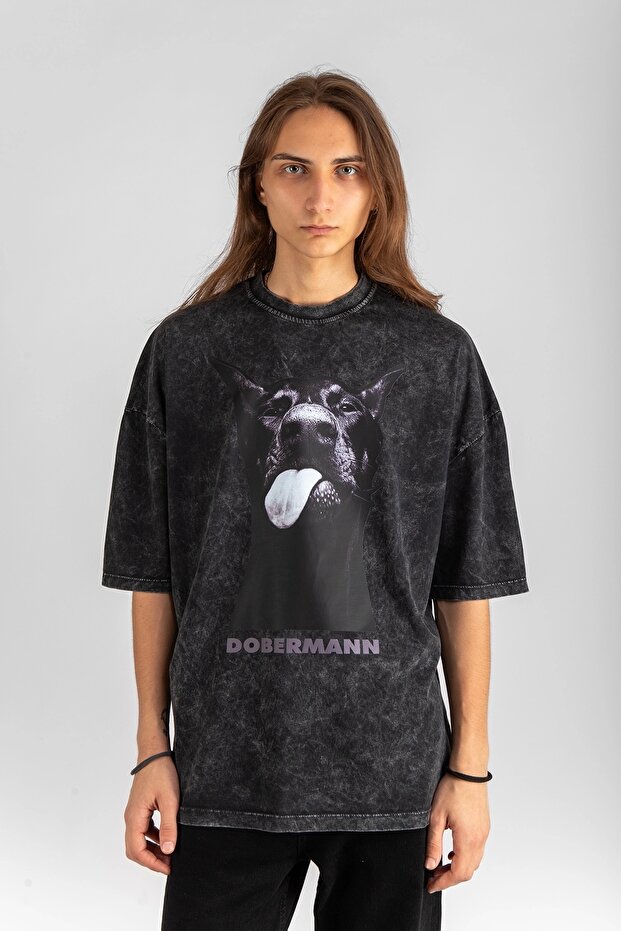 Dobermann Baskılı Yıkamalı Oversize Unisex Tshirt - 5