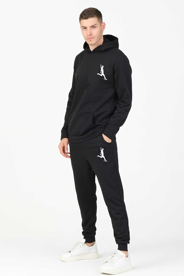 Men's Black Hooded Football Player Printed 2-Piece Set