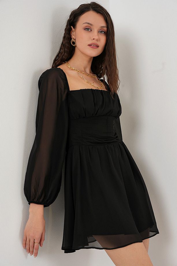 Kadın Mini Tül Elbise 2514 - Siyah - 4