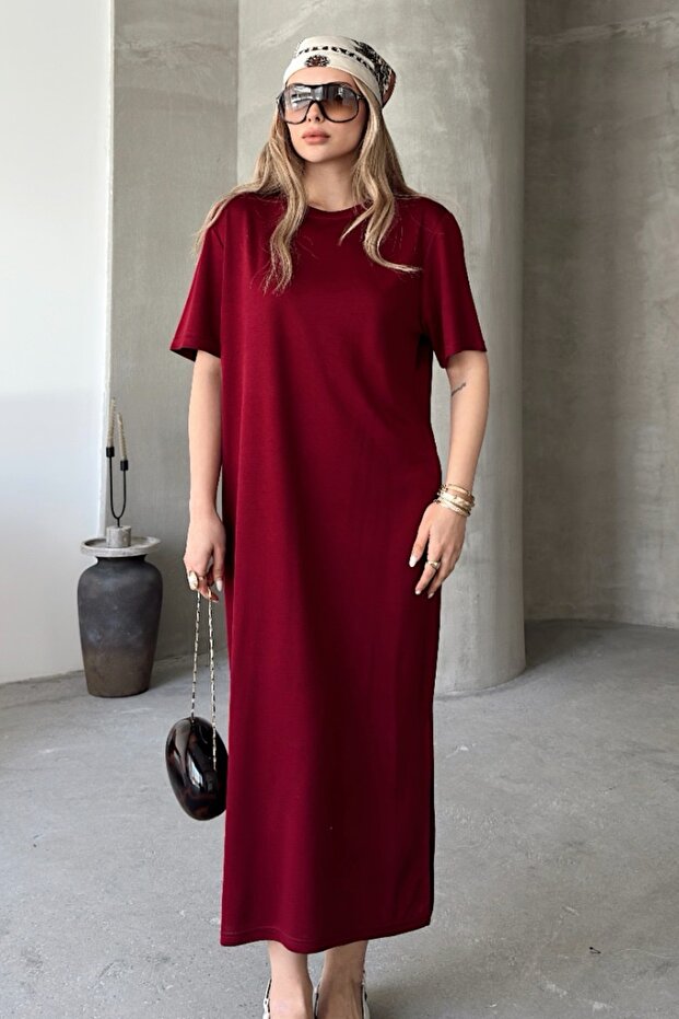 Women's Crew Neck Side Slit Detailed Midi Length Comfortable Fit Short Sleeve Dress