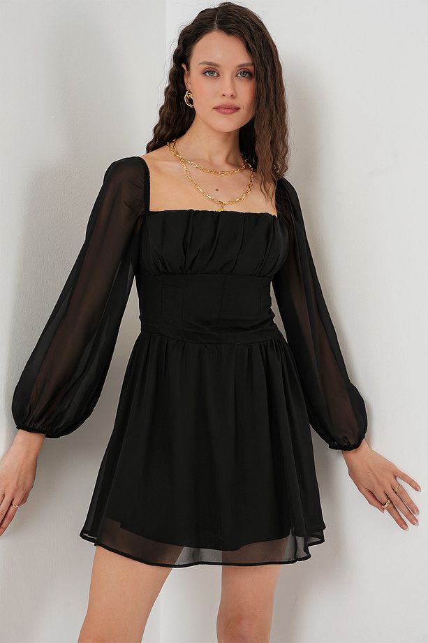 Kadın Mini Tül Elbise 2514 - Siyah - 2