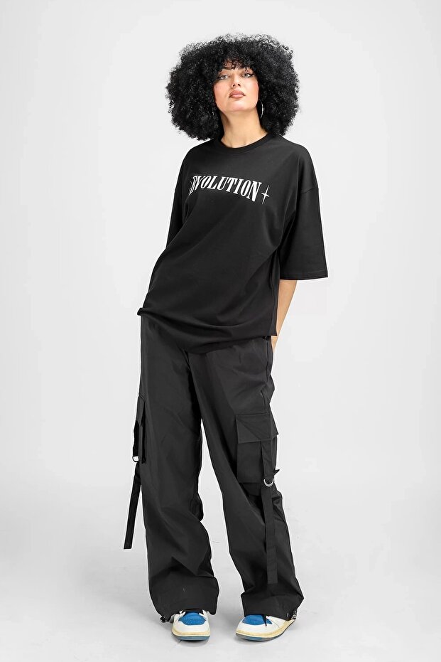 Evolution Sırt Baskılı Siyah Unisex Oversize Tshirt - 5