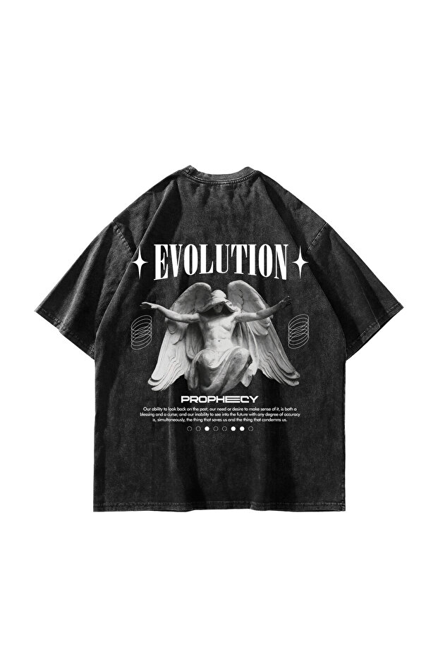 تي شيرت أسود كبير الحجم مطبوع عليه ظهر Evolution للجنسين