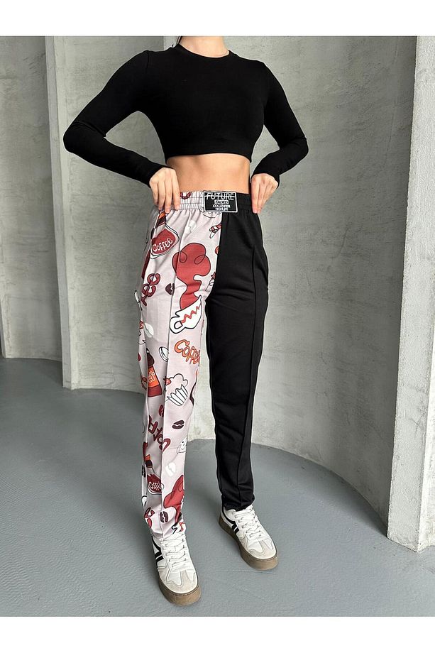 DİJİTAL BASKILI ÇİFT RENKLİ DESENLİ RAHAT KALIP YÜKSEK BEL JOGGER ALT EŞOFMAN - 6