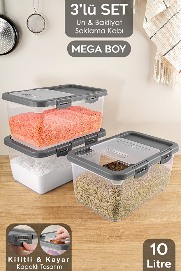 3-Piece Sliding Lid Pulses Storage 10 Lt Gray Locked Food Sugar Flour Container