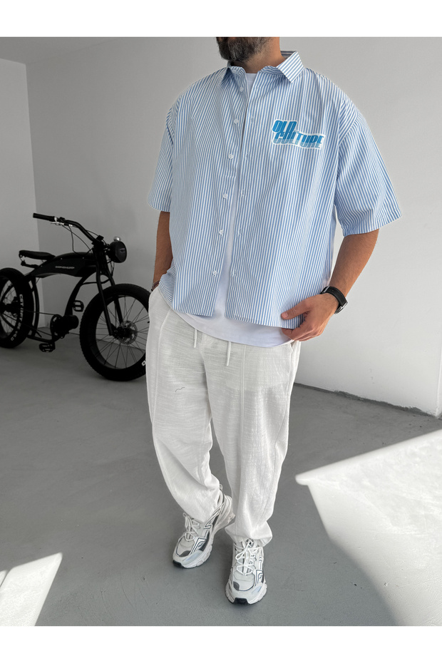Açık Mavi Çizgili Old Baskılı Gömlek JJ-85 - 1