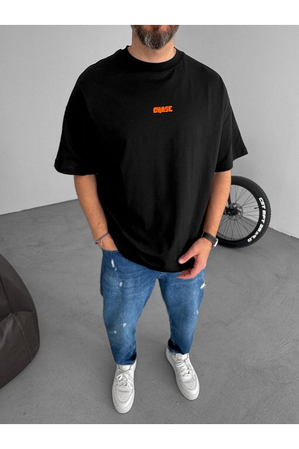 Siyah Chase Baskılı Oversize T-Shirt JJ-88 - 5
