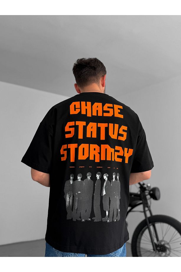 Siyah Chase Baskılı Oversize T-Shirt JJ-88 - 2