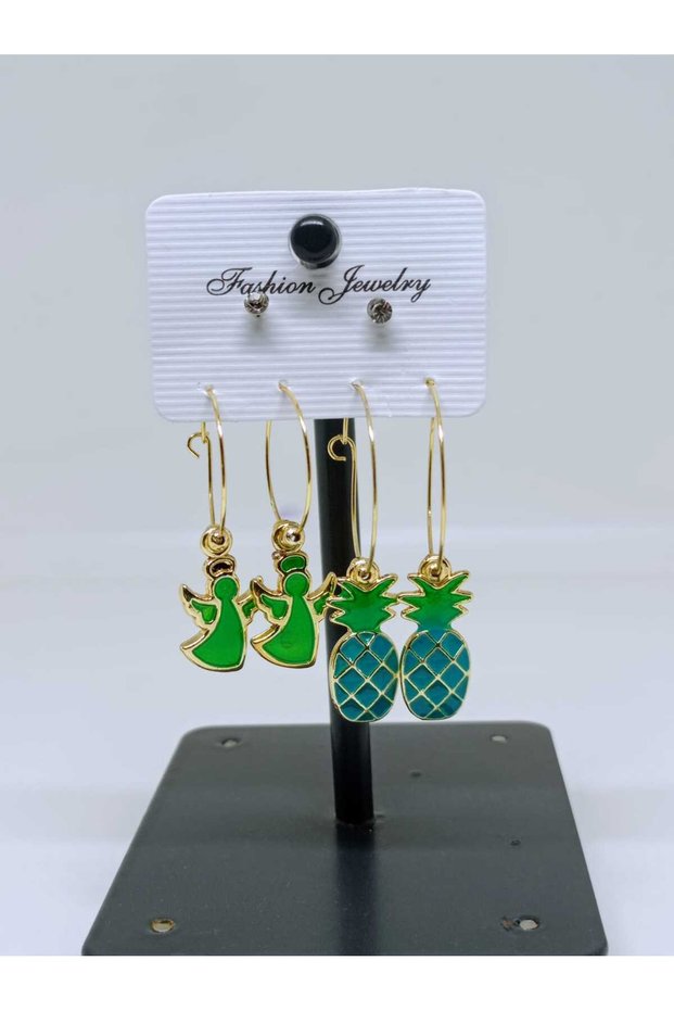 Gold Color Zircon Stone Pineapple and Angel Figured 6'Li Hoop Earrings Set No 3