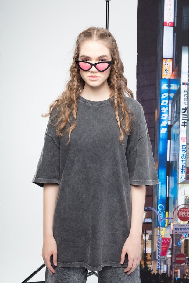 Basic Kadın Yıkamalı Tshirt Antrasit - 1