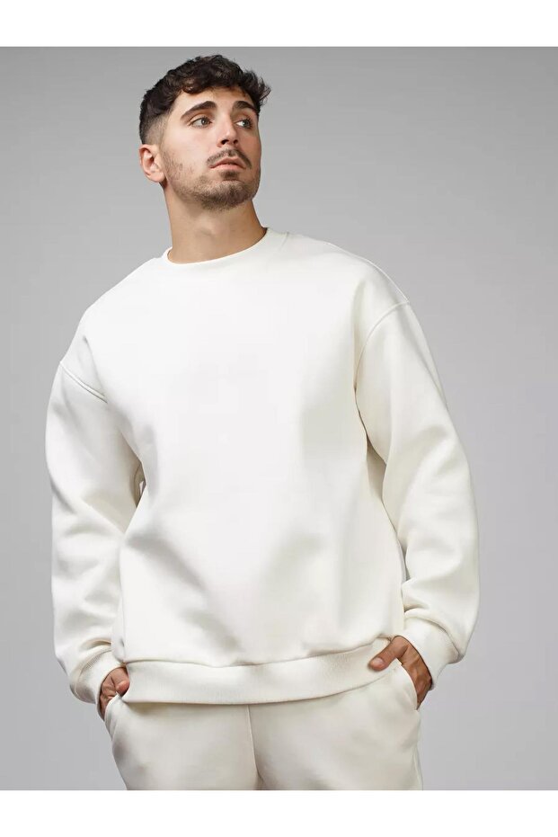 Hanorac unisex basic cu gât rotund, alb - 2