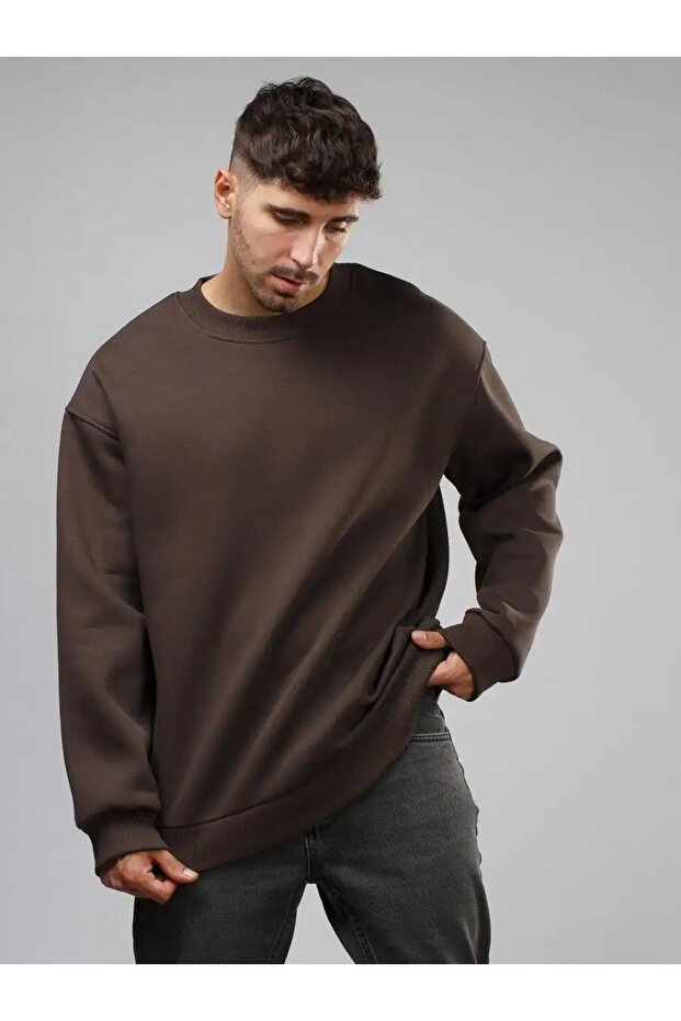 Unisex Basic Crew Neck Sweatshirt Brown - 3