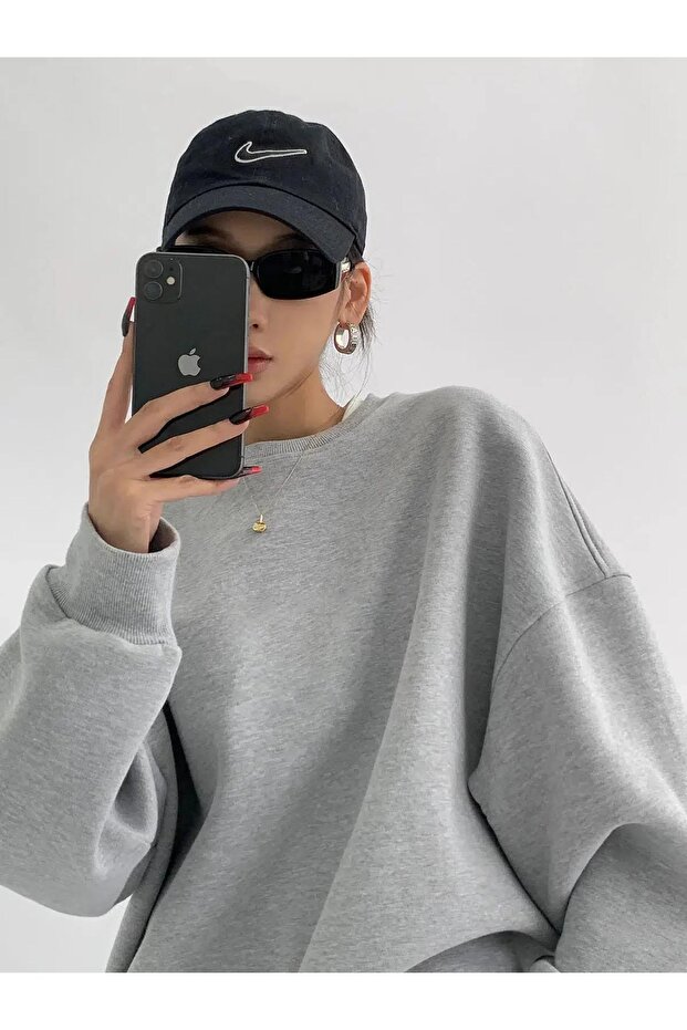 Unisex Basic Bisiklet Yaka Sweatshirt Gri - 1