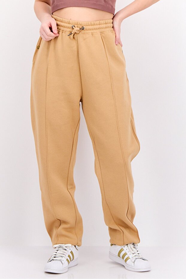 Women Regular Fit Brand Logo Joggers Pant, Beige
