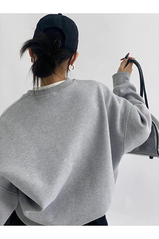 Unisex Basic Bisiklet Yaka Sweatshirt Gri - 2