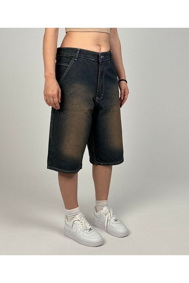 Siyah Yıkamalı Unisex Baggy Oversize Kalıp Kot Pantolon Şort - 1