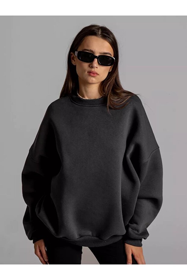 Unisex Basic Bisiklet Yaka Sweatshirt Antrasit - 1