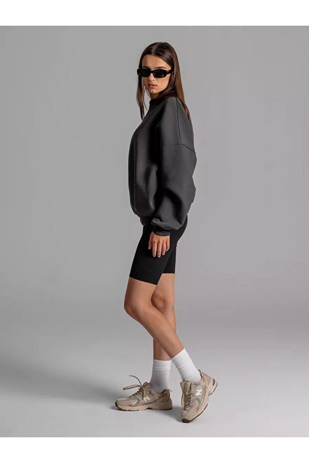 Unisex Basic Bisiklet Yaka Sweatshirt Antrasit - 3